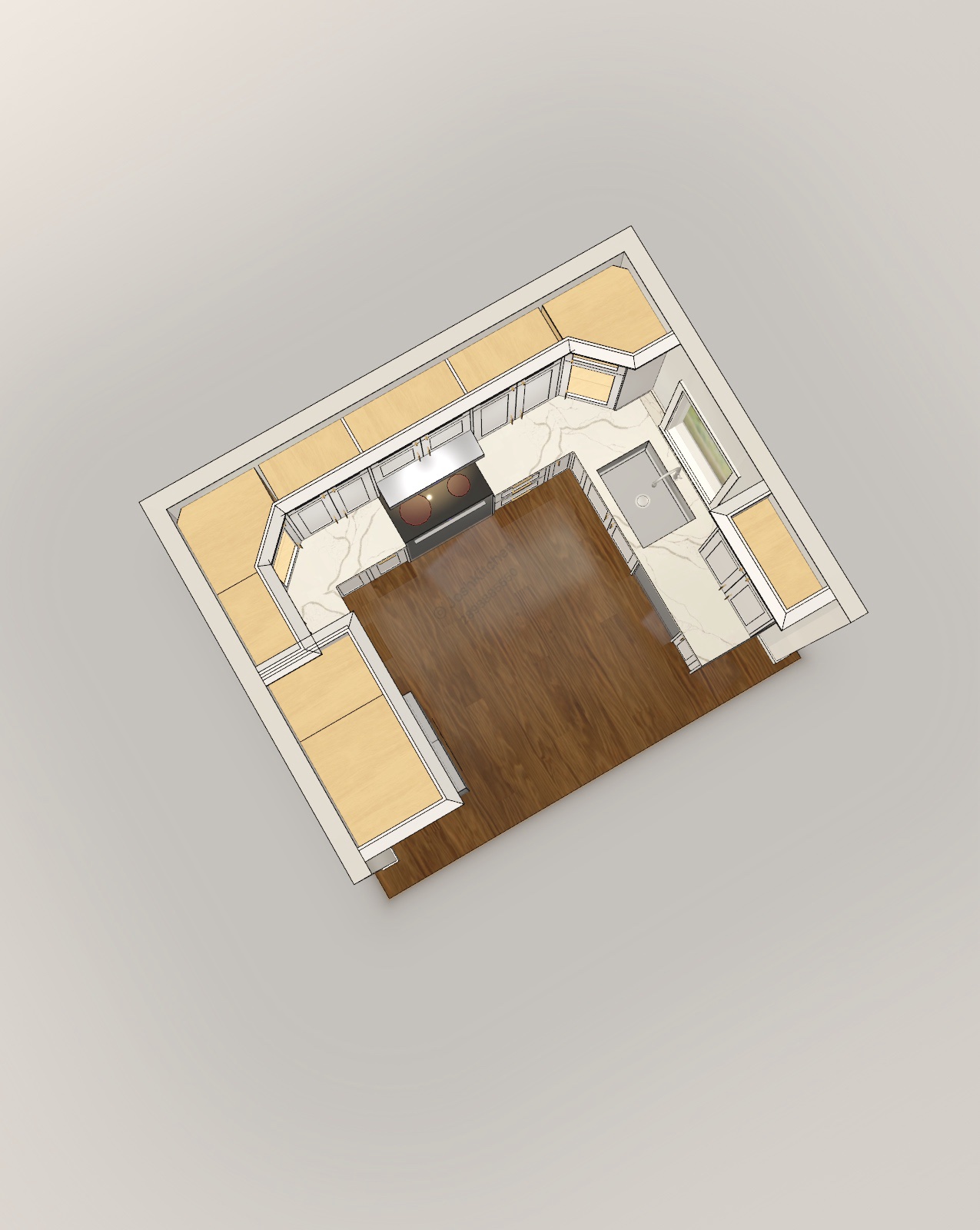 U-Shape Kitchen with White Shaker Cabinets, 8'3" × 11'1" × 8'9" Walls